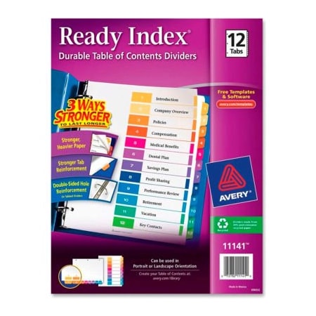 Avery Dennison Avery Ready Index T.O.C. Reference Divider, 1 to 12, 8.5"x11", 12 Tabs, White/Multi 11141